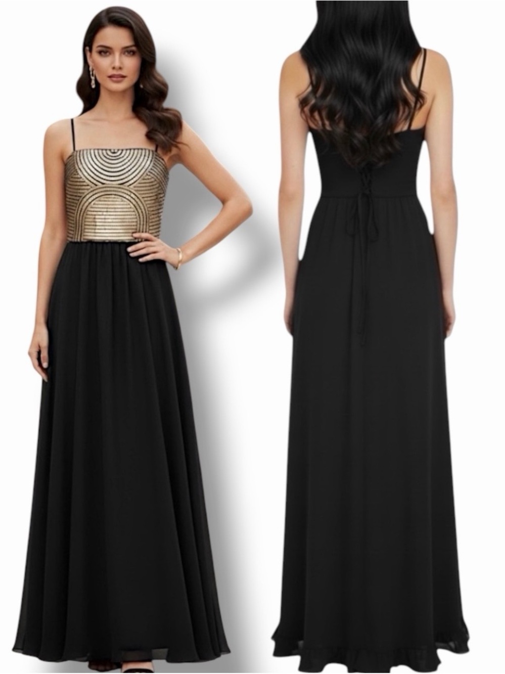 SLNY Black Gold Sequin Bodice Chiffon Maxi Formal Gown Corset Lace Up Back 8